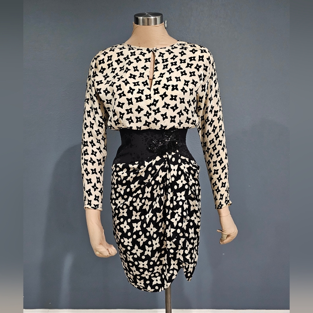Vintage A.J. BARI Silk Cream Black Floral Faux Wrap Sheath Dress 2P